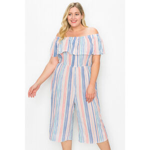 Liberty Jumpsuit 1XL – Pastel Striped Off-the-Shoulder Jumpsuit Length 46" Bust